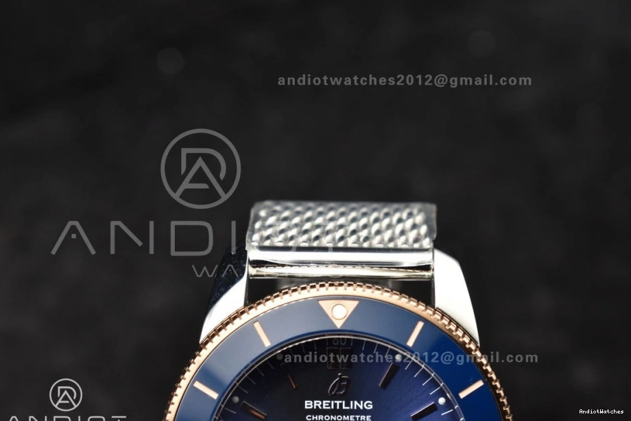 Ceramic BLSF SS Blue Dial and RG Blue II Bracelet Bezel A SuperOcean WaterResistant 1172 Mesh 42mm Heritage Bezel on 1213